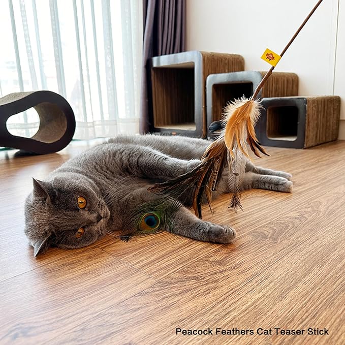 TTcat Cat Wand Toys Feather Stick Toys,3 Pcs Cat Teaser Sticks with Different Feathers, Peacock, Chicken Feathers,Interactive oys for Indoor and Kitten.