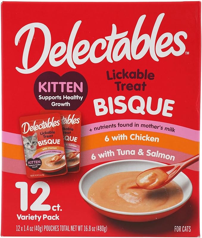 Hartz Delectables Lickable Treat Bisque Kitten Wet Cat Treat with Real Tuna & Salmon, Complete & Balanced, Hydrating, Grain-Free, No Fillers, No by-Products, No Added Preservatives, 1.4oz Pouch, 12ct
