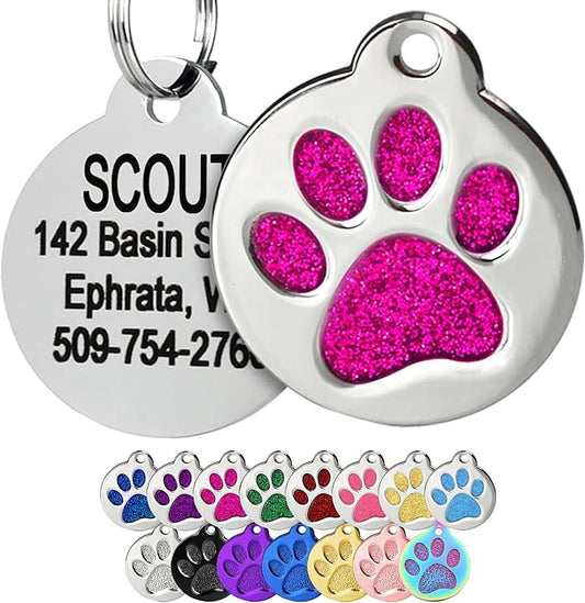 GoTags Paw Print Round Stainless Steel Pet Tag for Dogs and Cats, Personalized with 4 Lines of Custom Engraved ID Name and Number, in Stainless Steel and 15 Colors Small and Large, Glitter Pink