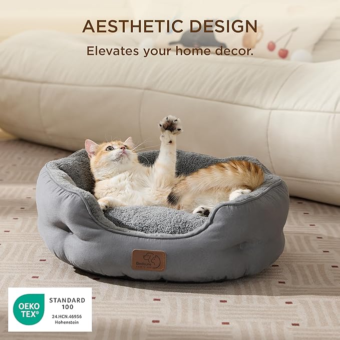 Bedsure Self Warming Cat Bed - Round Cat Beds for Indoor Cats, Washable Pet Bed for Puppy and Kitten with Slip-Resistant Bottom, 20 Inches, Self Warming Grey, Non-Electric