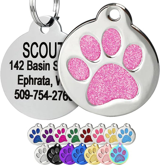 GoTags Paw Print Round Stainless Steel Pet Tag for Dogs and Cats, Personalized with 4 Lines of Custom Engraved ID Name and Number, in Stainless Steel and 15 Colors Small and Large, Glitter Light Pink