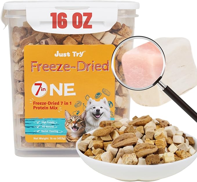 Just Try Freeze-Dried Dog Teats Mix for Dogs & Cats - Chicken, Duck, Salmon, Cod, Liver & Heart - Grain-Free, Training & Treats