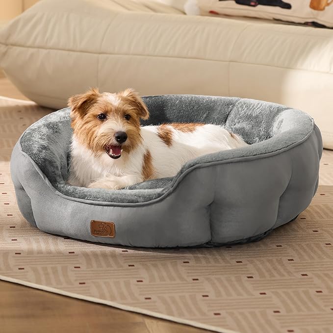 Bedsure Dog Bed for Medium Dogs - Round Washable Medium Pet Bed, Anti-Slip Donut Fluffy Plush Indoor Fur Cat Bed, 28 inches, Grey