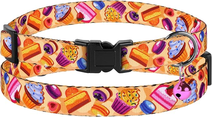 4PCS Breakaway Cat Collars with Bell - Cute Soft Adjustable Safety Kitten Collars 4-Pack - Nylon Pet Collars Nature Tribal Striped Floral Space Aztec Flowers Print (Travel & Cookies)