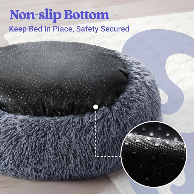 rabbitgoo Cat Beds for Indoor Cats, 20 inches Cat Bed Machine Washable, Fluffy Round Pet Bed Non-Slip, Calming Soft Plush Donut Cuddler Cushion Self Warming for Small Dogs Kittens, Dark Grey, Medium