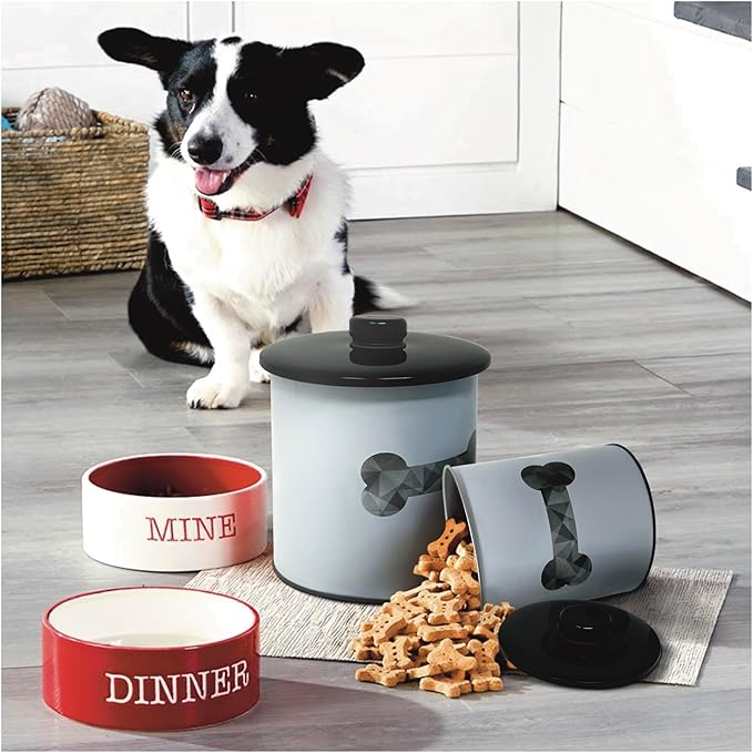 2pc Set Dog Treat Container with Lid, Round Tin Dog Treat Storage Jar for Countertop (Bone)