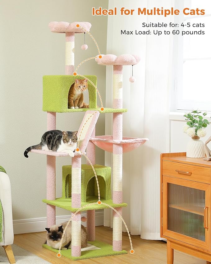 Flower Cat Tree, 70.9-inch Tall Cat Tower in Blossom Pink with 2 Condos & Large Hammock, Whimsical Cat Activity Center with Pom Poms for Indoor Cats
