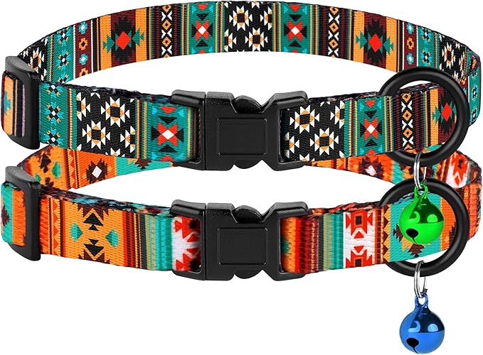 Cat Collars 2 Pack - Soft Cute Breakaway Collar with Bell, Adjustable Safety Kitten Collars for Girl & Boy Cats – Comfortable Stylish Patterned Print Lightweight (Tribal + Southwest)