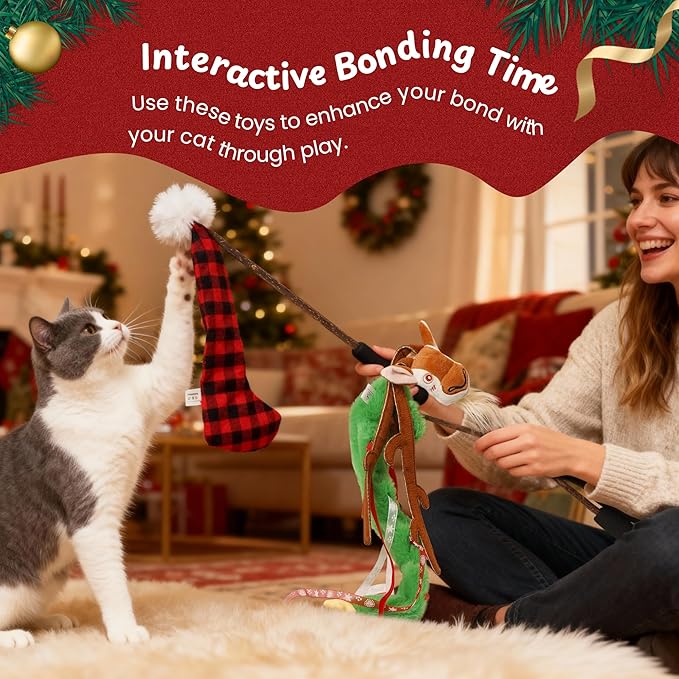 Nocciola 3 PCS Christmas Cat Toys – Natural Catnip and Silvervine Sticks Chew Toys，Cute Reindeer, Tree and Santa Hat Cat Wands，Interactive Teaser Toys for Indoor Cats, Perfect Holiday Present