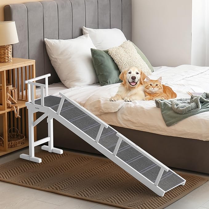 Onelike Wooden Dog Ramp for Bed with Removable Side Rail and Non-Slip Carpet, Stable Pet Ramp Stair for Couch Sofa for Small & Large & Senior Dogs, 74" Long Ramp White