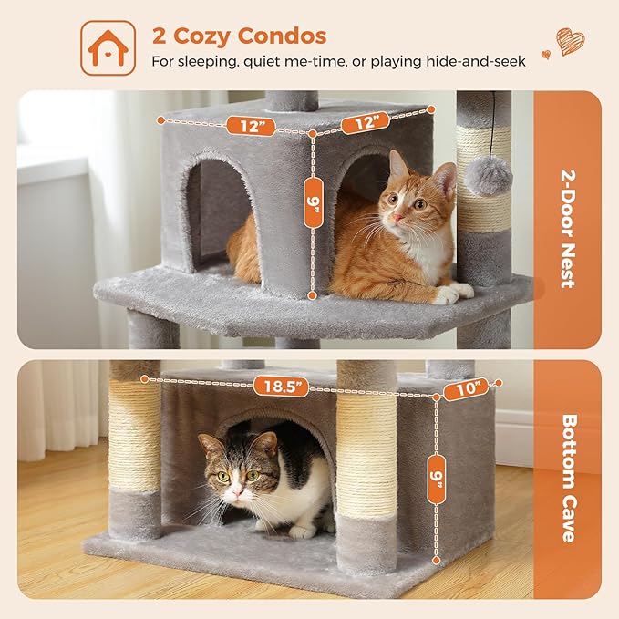 Cat Tree for Indoor Cats, 64.5" Tall Cat Tower with 2 Cozy Condos, Scratching Posts, Large Hammock and Dual Padded Perches, Multi-Level Activity Center for Large Cats, Grey
