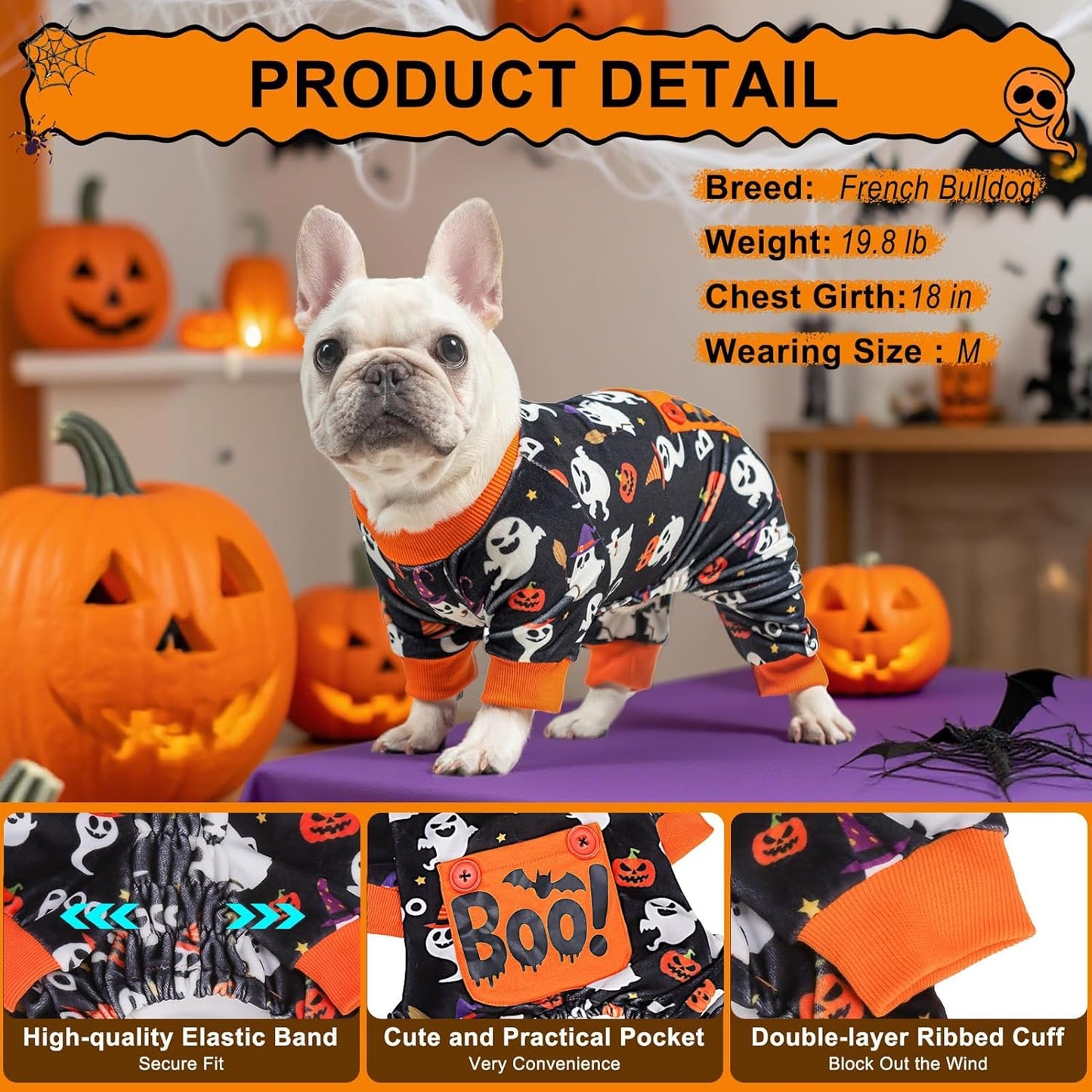 BEAUTYZOO Dog Halloween Pajamas Large Sized Dog, Fleece Funny Ghost Pumpkin Costumes for Dogs, Soft Stretchable Doggy Onesie with Feet, Pet Apparel Clothes for Large Dogs Boy Girl, Black XL