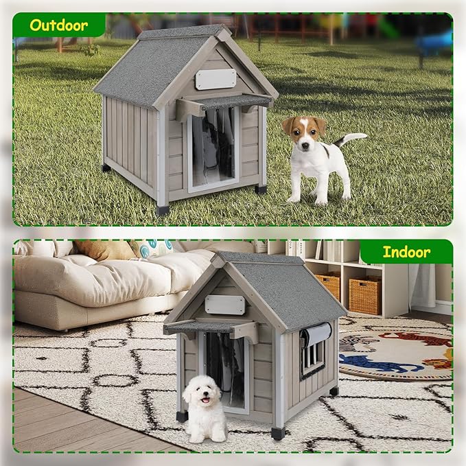 Dog House Outdoor Indoor Waterproof for Small Dog with Anti-Chewing Iron Frame, Raised Feet, Weatherproof Doghouse Kennel Puppy Shelter with Removable Floors(18" L*28.5" W*24" H)