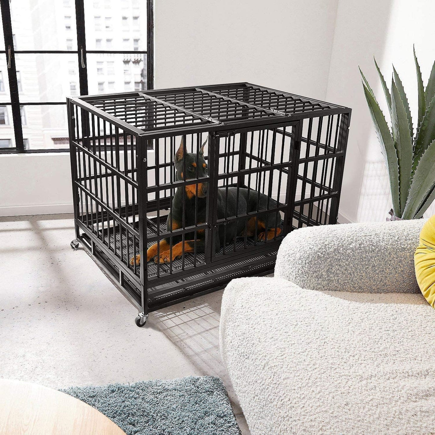 Oranland 48/38 Inch Heavy Duty Indestructible Dog Crate Cage Kennel with Wheels, High Anxiety Dog Kennel, Sturdy Locks, Double Door and Removable Tray Design, Extra Large XL Dog Crate.