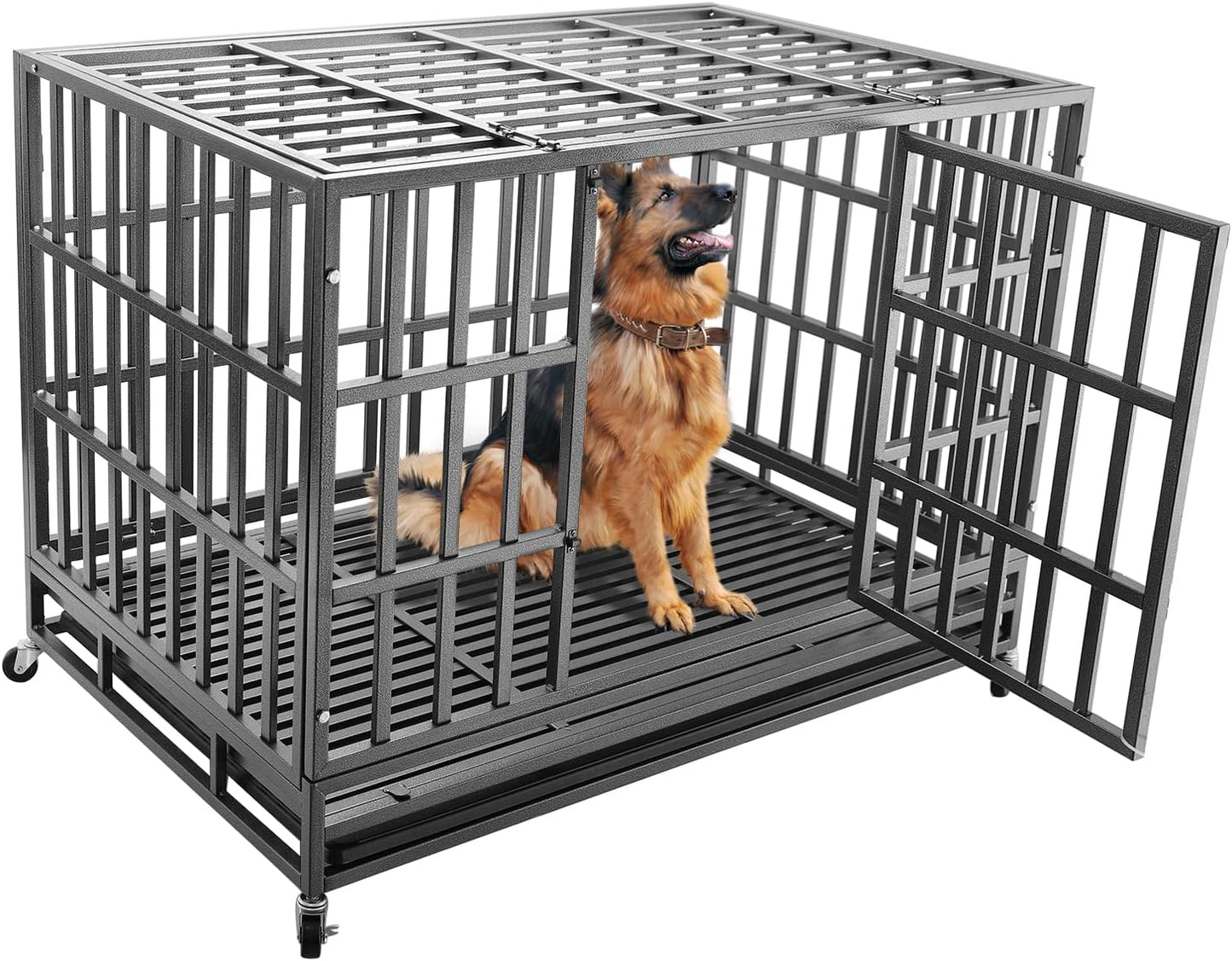 Confote 47Inch Heavy Duty Dog Kennel Strong Metal Dog Cage Pet Crate for Medium and Large Dogs with Four Lockable Wheels, Removeable Tray