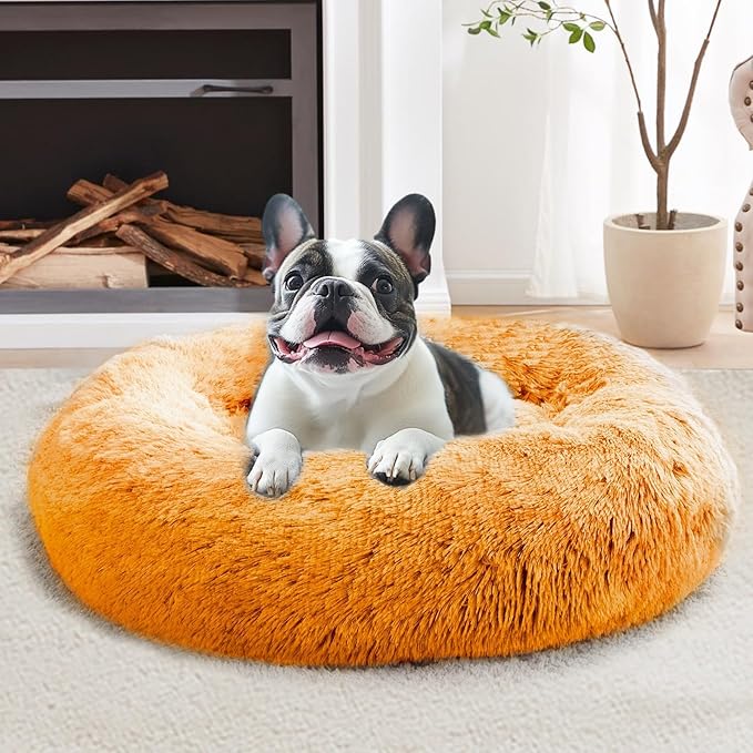 JOLLYVOGUE Small Dog & Cat Beds for Indoor Cats, Donut Cuddler Warming Soft Dog Beds with Anti-Slip Bottom, Round Calming Fluffy Plush Faux Fur Cushion Bed for Small Dogs (20", Orange)