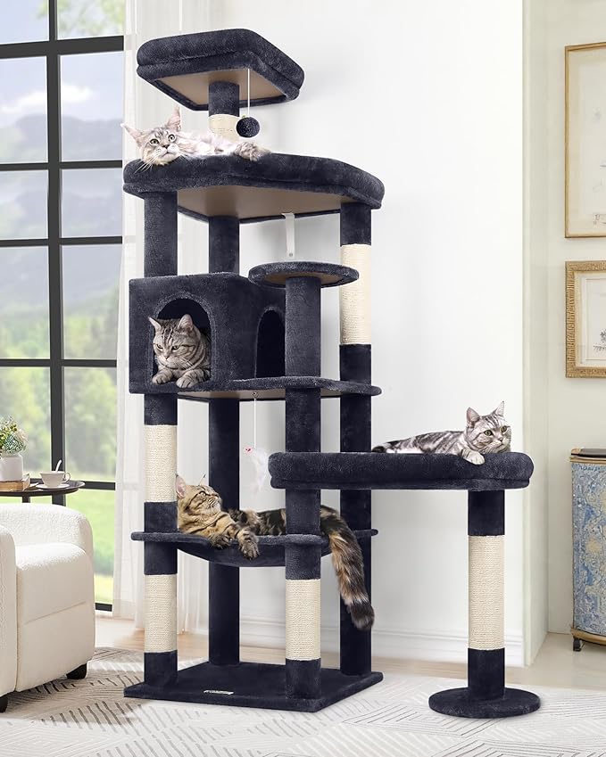 Globlazer Extra Large Platform Cat Tree, 65in Sturdy Cat Scratching Tree for Indoor Cats Large Adult, Big Cat Perch Tower with 3 Padded Perches, 6 Scratching Posts, Cat Condo, Hammock, S65, Dark Grey