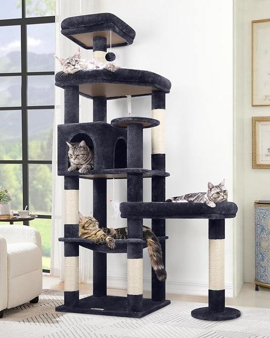 Globlazer Extra Large Platform Cat Tree, 65in Sturdy Cat Scratching Tree for Indoor Cats Large Adult, Big Cat Perch Tower with 3 Padded Perches, 6 Scratching Posts, Cat Condo, Hammock, S65, Dark Grey