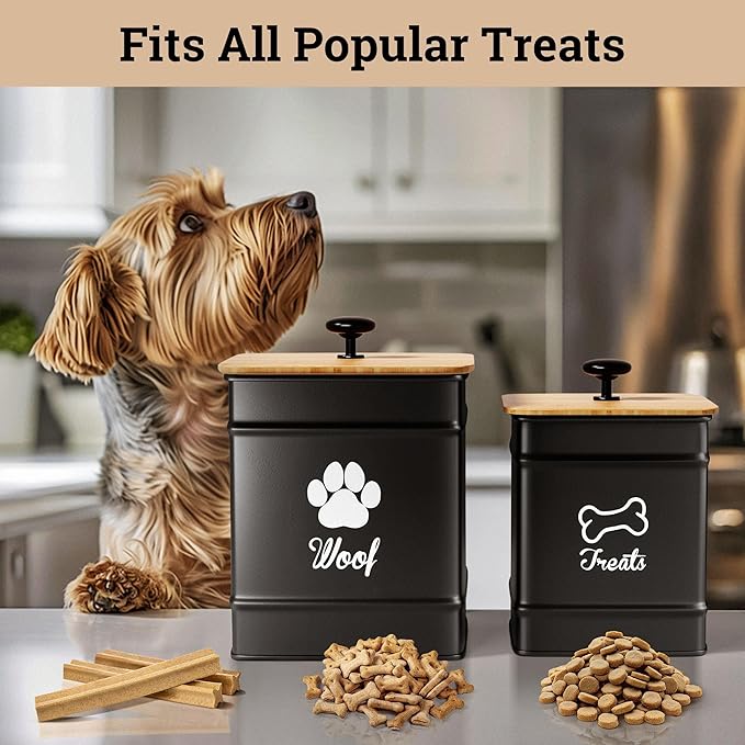 Dog Treat Container Airtight Set of 2 - 8x6 & 7x5 inch Iron Dog Treat Jars for Kitchen Counter with Airtight Bamboo Lids - 20 Cup Capacity Pet Treat Container Set - Doggie Cookie Jar - Treats Canister