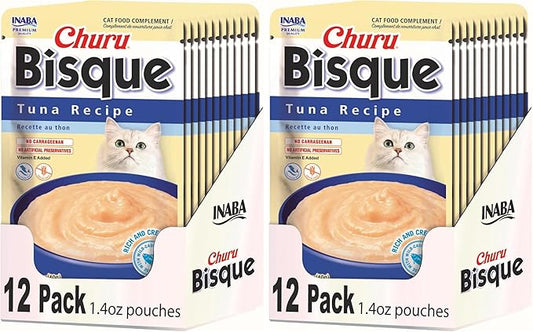 INABA Churu Bisque for Cats, Creamy Lickable Purée Side Dish with Vitamin E, 1.4 Ounces per Pouch, 12 Pouches, Tuna Recipe (Pack of 2)