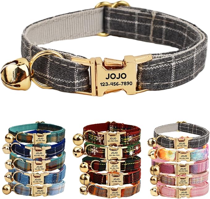 Plaid Polyester Personalized Cat Collar with Name & Owner Phone, Customizable Laser-Engraved, Charming Bell, Metal Buckle for Kittens and Cats - Matching Leash Available (Style-C)