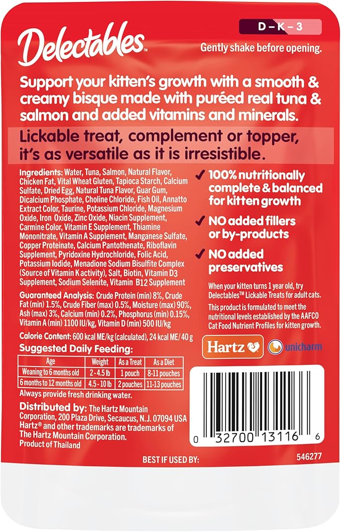 Hartz Delectables Lickable Treat Bisque Kitten Wet Cat Treat with Real Chicken & Veggies, Completed & Balanced, Hydrating, Grain-Free, No Fillers, No Added Preservatives, 1.4oz Pouch, 12ct