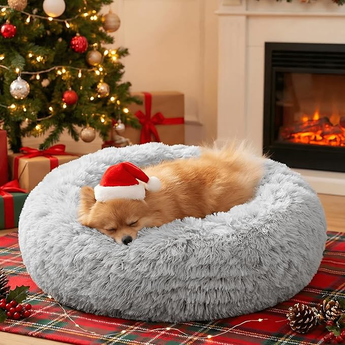 JOLLYVOGUE Small Dog & Cat Beds for Indoor Cats, Donut Cuddler Warming Soft Dog Beds with Anti-Slip Bottom, Round Calming Fluffy Plush Faux Fur Cushion Bed for Small Dogs (20", Smoke Grey)