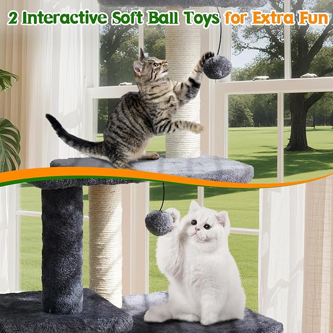 38.4'' Cat Tree Tower with Climbing Ladder, Cats Tree Scratching Post and Ball, Plush Condo, Modern Multi-Level Furniture Climber for Indoor Cats Large Adult, Dark Gray