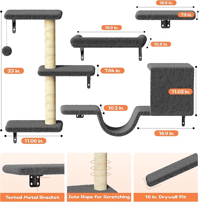 6-in-1 Wall Mounted Cat Climber Set for Heavy Cats,Wall Shelves,Stable & Safe Cat Furniture Set for Large Cats, Wooden Climbing Wall with Scratching Post(Black)