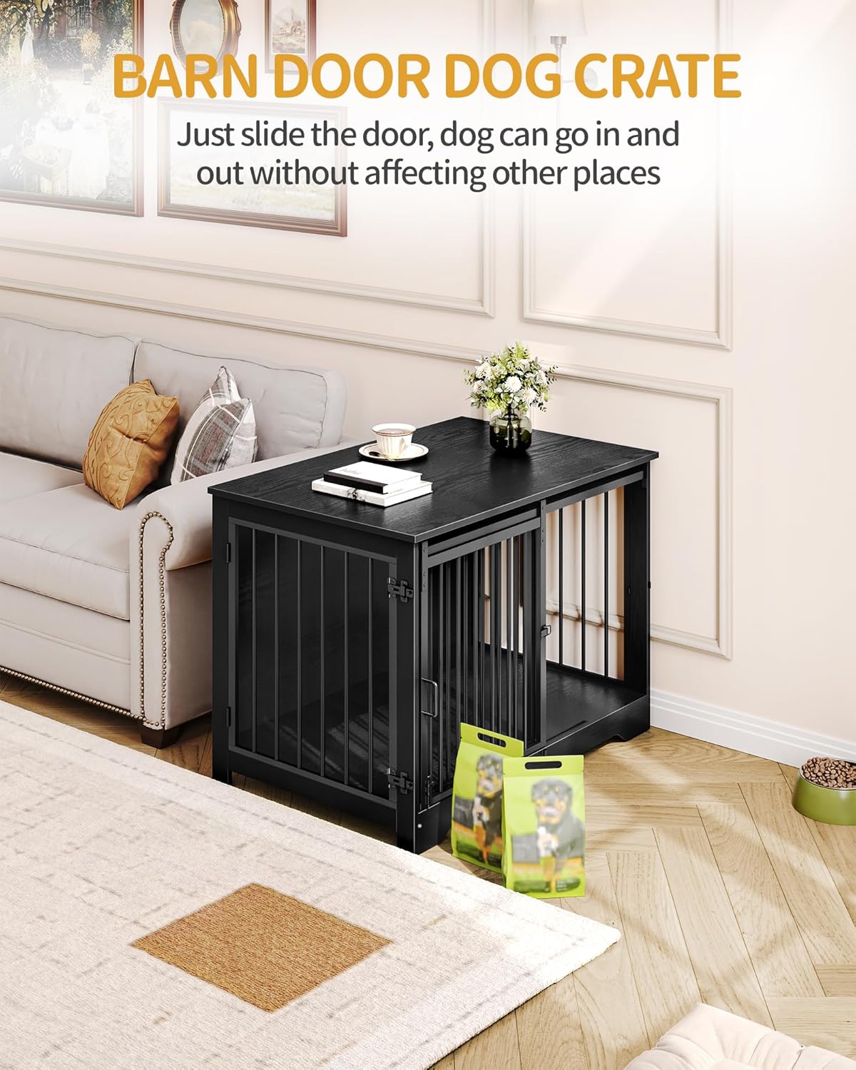 39.3" Dog Crate Furniture with Barn Door, Heavy Duty Dog Kennel Indoor with 2 Doors, Wooden Pet Cage End Table for Large Small Medium Dogs, Anti-Chew Anti-Escape, Black DFC02304B