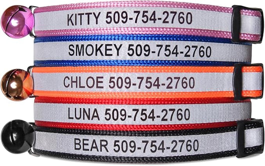 GoTags Personalized Reflective Cat Collars, Engraved Custom Cat Collar with Name and Phone Identification, Breakaway Collar with Safety Release Buckle and Bell, Adjustable for Cats and Kitten, (Blue)