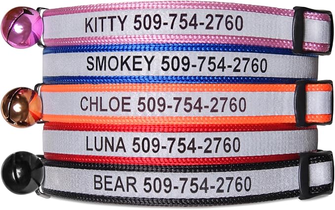 GoTags Personalized Reflective Cat Collars, Engraved Custom Cat Collar with Name and Phone Identification, Breakaway Collar with Safety Release Buckle and Bell, Adjustable for Cats and Kitten, (Black)