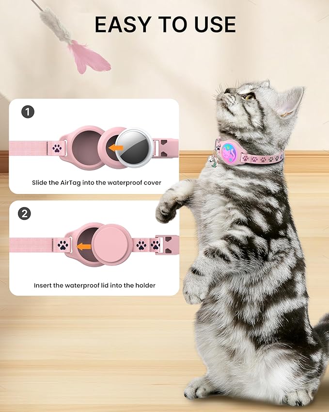 Cat Collar with Airtag Holder, 2 Pack Waterproof Breakaway Kitten Collar for Apple AirTag GPS Tracker, Adjustable Cat Collar with Buckle, Bell & Reflective Pattern for Cats, Kittens, Pink (8-11")