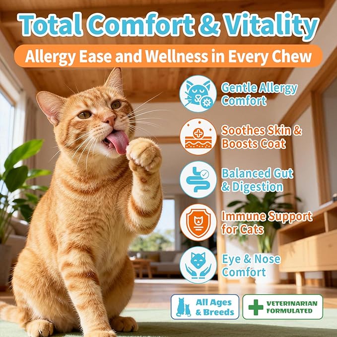 Cat Allergy Relief Treats, 500 Crunchy & Creamy Chews, Allergy Relief for Cats with Colostrum, Probiotics - Itchy Skin & Paw Licking, Immune Support, Seasonal Allergies - Chicken and Krill Flavor