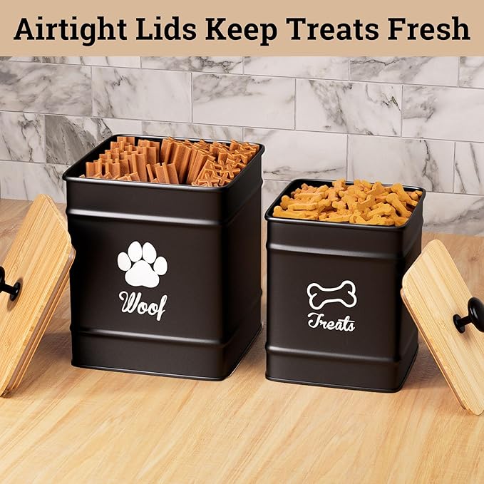 Dog Treat Container Airtight Set of 2 - 8x6 & 7x5 inch Iron Dog Treat Jars for Kitchen Counter with Airtight Bamboo Lids - 20 Cup Capacity Pet Treat Container Set - Doggie Cookie Jar - Treats Canister