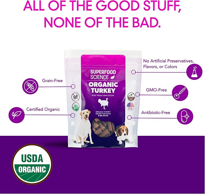 Organic Dog Treats – Turkey Dog Treats That Are Healthy, Low Calorie & Hypoallergenic Limited Ingredient Semi-Soft Bites, Natural Puppy Training Treats for Sensitive Stomachs, Made in USA, 5 oz
