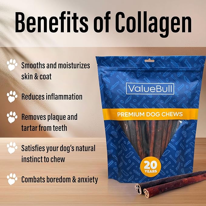 ValueBull Collagen Sticks for Dogs, 12 Inch Medium Chews, Natural Long-Lasting Dog Treats, 50 Count Bulk Pack - Supports Joints, Skin & Coat with Chondroitin & Glucosamine