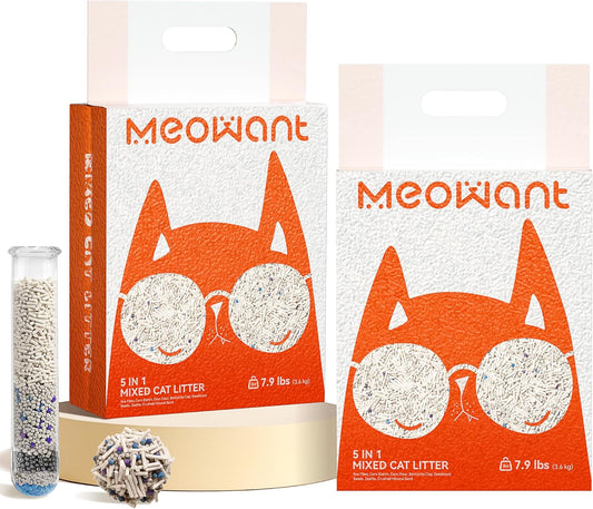 Meowant 5-in-1 Mixed Cat Litter, Natural Bentonite Tofu Clumping Cat Litter, Ultra Absorbent, Fast Clumping, Dust-Free, Odor Control, Flushable, 7.9lbs*2