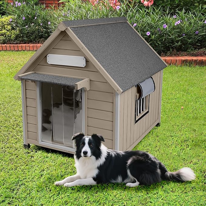 Large Dog House Outdoor Weatherproof, Wooden Dog Kennel Shelter with Anti-Chewing Iron Frame, Removable Floor for Medium to Large Dogs, Easy Clean and Assemble (30.5" L*37.4" W*39.3" H)