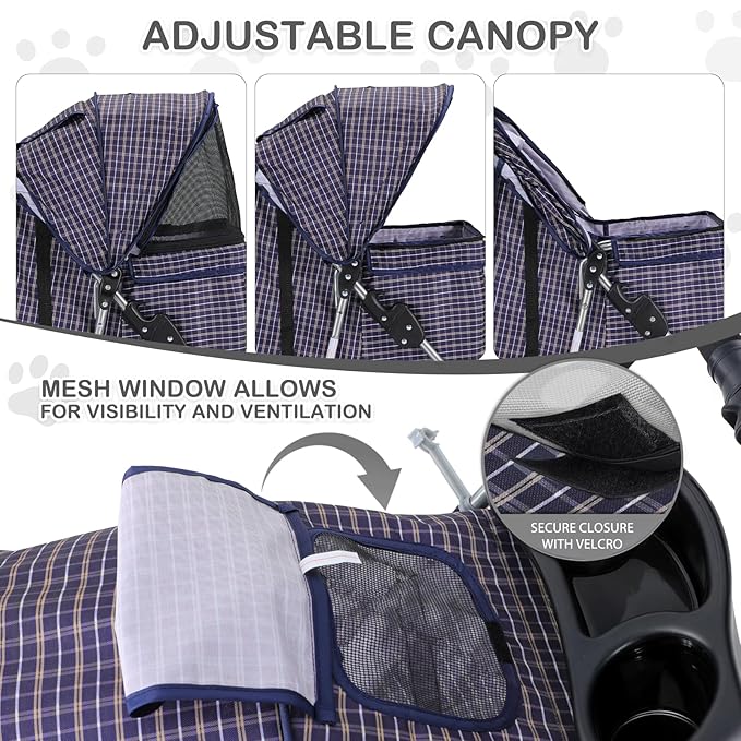 MoNiBloom 3 Wheels Pet Dog Cat Stroller for Small Medium Dogs Cats, Lightweight Foldable Jogger Stroller w/Storage Basket and Cup Holder, Plaid