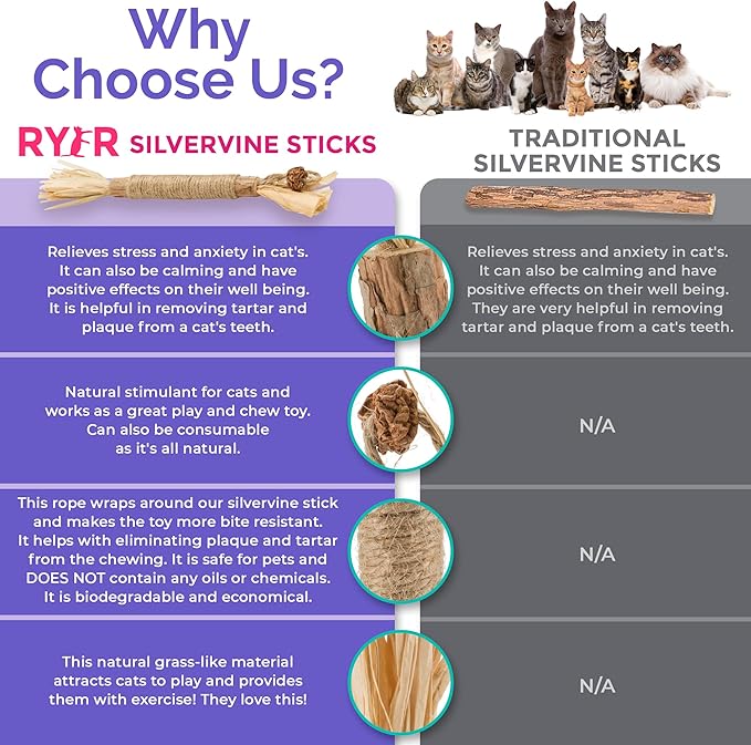 RYERCAT Silvervine Sticks for Cats - 100% Natural Cat Chew Toy for Aggressive Chewers and Kitten Teething - Pet Friendly, Smooth Finish, Irresistible Taste and Smell (5 Pack)