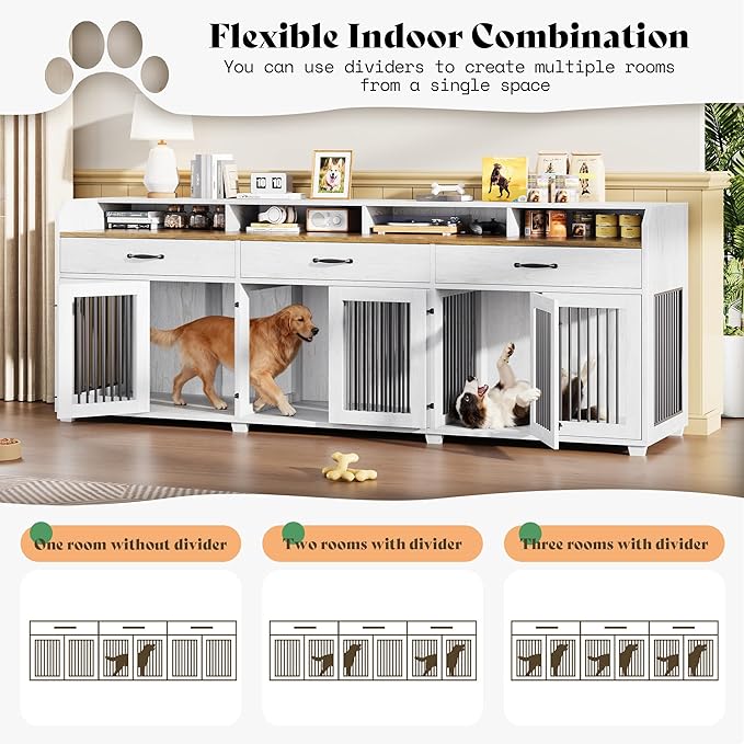 AMERLIFE 95" Large Dog Crate Furniture with Storage, 3-Room Indoor Wooden Dog Kennel for Large/Medium Dogs, TV Stand & Sideboard with Drawers & Removable Divider, White+Barnwood