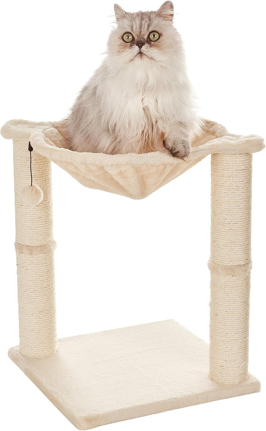 Amazon Basics Cat Condo Tower with Hammock Bed and Scratching Post,Easy to Assemble,Plush Hammock,Interactive Hanging Ball,Durable Sisal Scratch Posts for Indoor Cats, 15.8 x 15.8 x 19.7 Inches, Beige