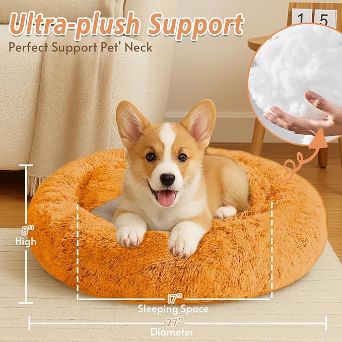 JOLLYVOGUE Small Dog & Cat Beds for Indoor Cats, Donut Cuddler Warming Soft Dog Beds with Anti-Slip Bottom, Round Calming Fluffy Plush Faux Fur Cushion Bed for Medium Dogs (27", Orange)