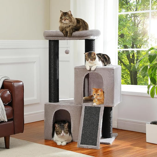 Heavy Duty Cat Tree for Indoor Cats Adult, 45-Inch Cat Tower with Sisal Scratching Ramp, 2 Cat Condo for Extra Large Cats, Big Top Perch, 3 Thick Black Scratching Posts (φ4.3) -Gray