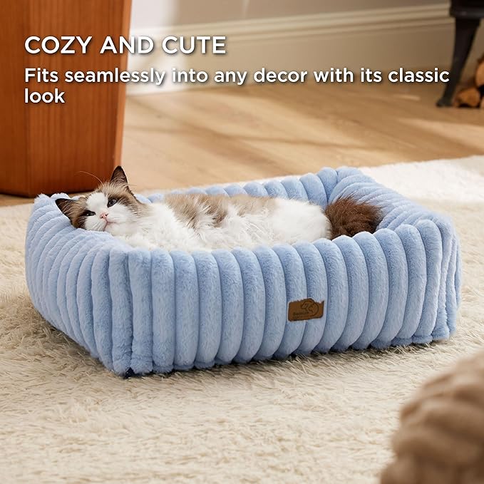 Bedsure Washable Dog Bed for Medium Dogs - Cute Furry Puppy Beds, Rectangle Orthopedic Corduroy Fleece Pet Beds with Removable Zipper Cover, 20x19x6inches, Blue