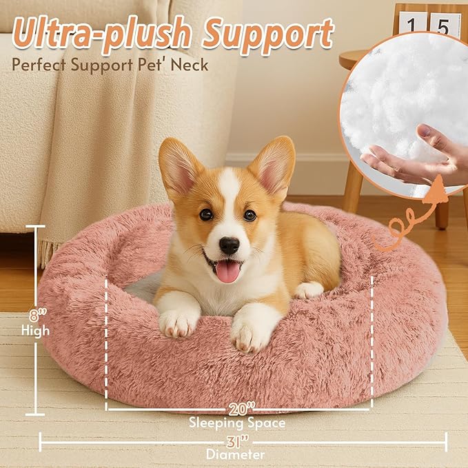 JOLLYVOGUE Small Dog & Cat Beds for Indoor Cats, Donut Cuddler Warming Soft Dog Beds with Anti-Slip Bottom, Round Calming Fluffy Plush Faux Fur Cushion Bed for Medium Dogs (31", Peach Pink)