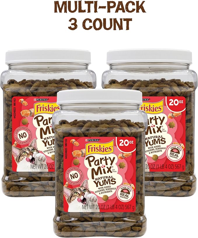 Friskies Purina Natural Cat Treats Party Mix Natural YUMS with Real Salmon and Added Vitamins, Minerals and Nutrients - 20 Oz. Canister (Pack of 2)