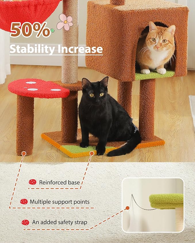 Mushroom Cat Tree with Sisal Scratching Posts, 35.4" Cute Cat Tower Cat Condo w/Large Green Top Perch, Soft Red Hammock, and Mushroom Dangling Ball, for Small-Medium Cats, Brown