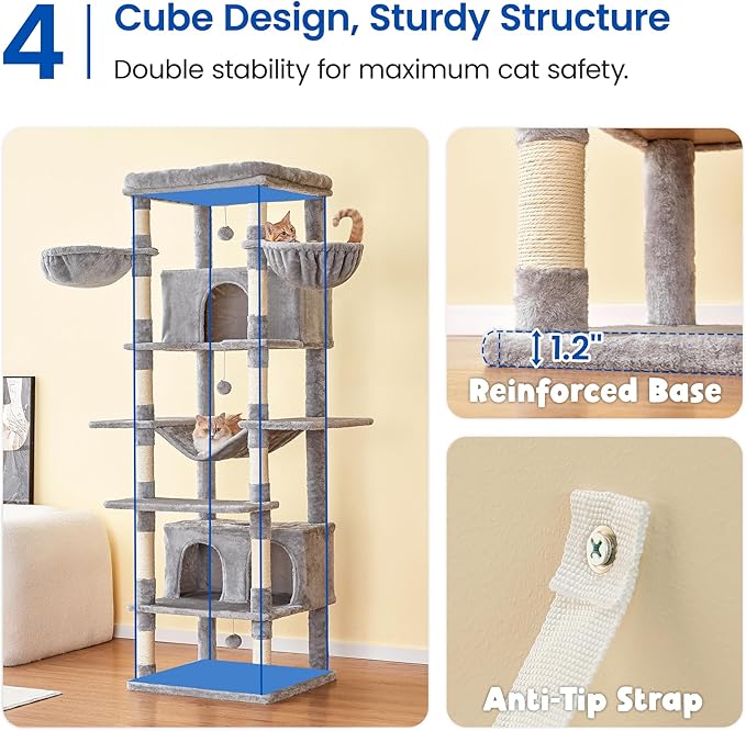 MWPO Extra Large Cat Tree, 77.6-Inch Tall Cat Tower for Indoor Cats with 2 Condos, Multi-Level Cat Stand for Large Cats, 3 Hammocks, Wide Perch, Scratching Posts, Dangling Toys, Light Grey